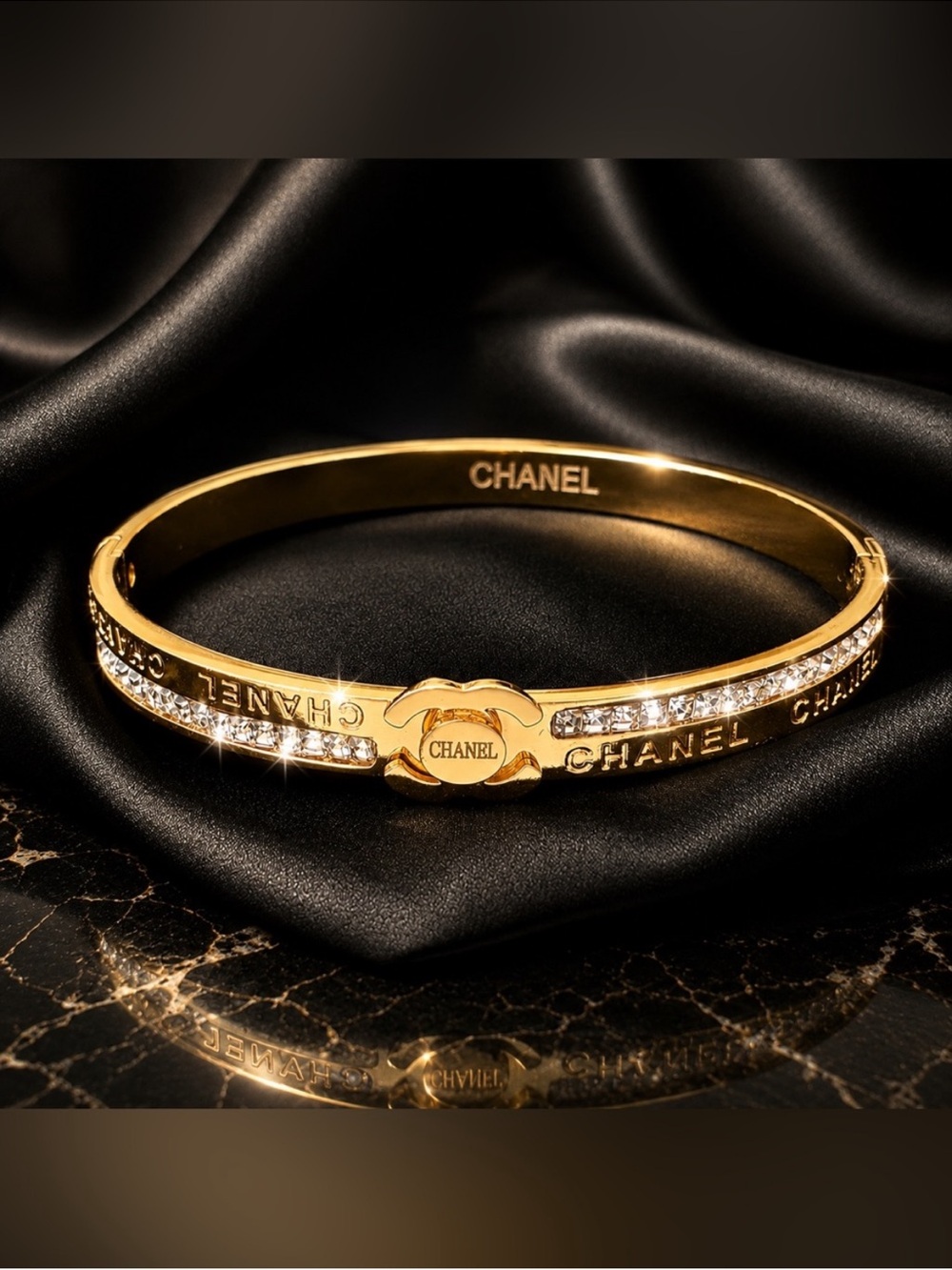 Gold Crystal CC Logo Hinged Bangle Bracelet